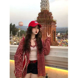 多巴胺閨蜜穿搭彩虹格子長袖襯衫女春夏季寬鬆百搭慵懶風防曬襯衣