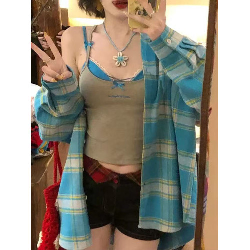 多巴胺閨蜜穿搭彩虹格子長袖襯衫女春夏季寬鬆百搭慵懶風防曬襯衣