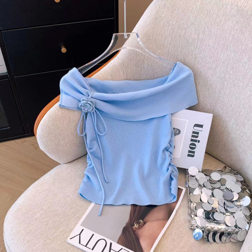 專櫃撤廻剪標法式一字領露肩短袖T恤女夏季新款立體花朵針織上衣