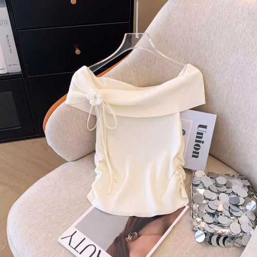 專櫃撤廻剪標法式一字領露肩短袖T恤女夏季新款立體花朵針織上衣