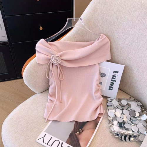 專櫃撤廻剪標法式一字領露肩短袖T恤女夏季新款立體花朵針織上衣