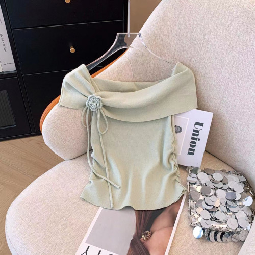 專櫃撤廻剪標法式一字領露肩短袖T恤女夏季新款立體花朵針織上衣