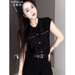 黑色薄款小飛袖襯衫女夏季2025新款時尚口袋設計感圓領顯瘦上衣服