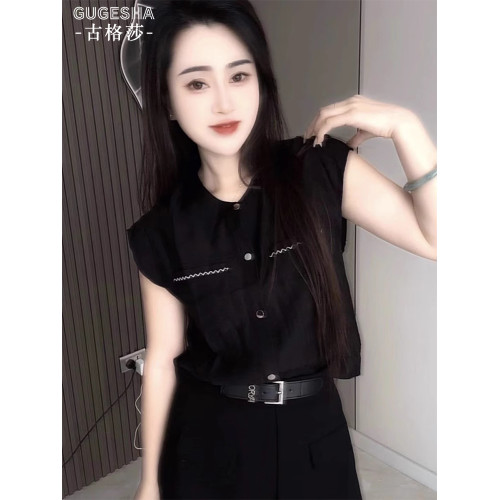 黑色薄款小飛袖襯衫女夏季2025新款時尚口袋設計感圓領顯瘦上衣服