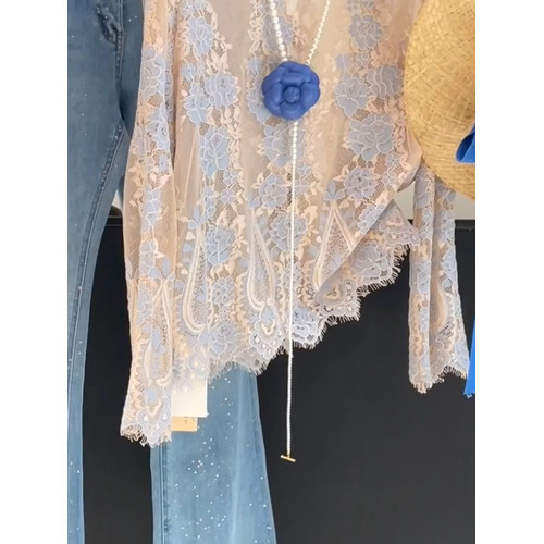 法式復古重工蕾絲勾花上衣女2026年夏新款時尚防曬圓領百搭打底衫