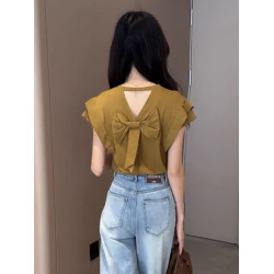 法式洋氣時尚設計感打底衫今年夏季新款純色短袖蝴蝶結女裝上衣潮