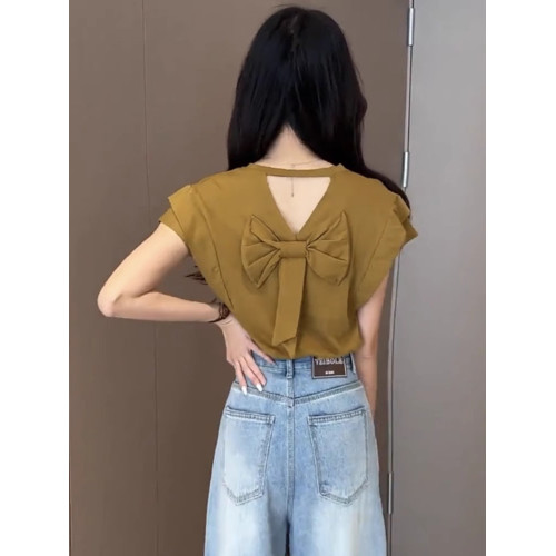 法式洋氣時尚設計感打底衫今年夏季新款純色短袖蝴蝶結女裝上衣潮