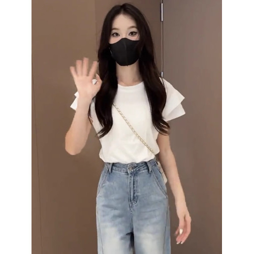 法式洋氣時尚設計感打底衫今年夏季新款純色短袖蝴蝶結女裝上衣潮