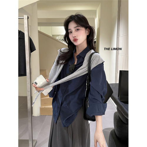 韓版chic碳灰色雙口袋長袖襯衫女秋季新款慵懶風寬鬆顯瘦曡穿上衣