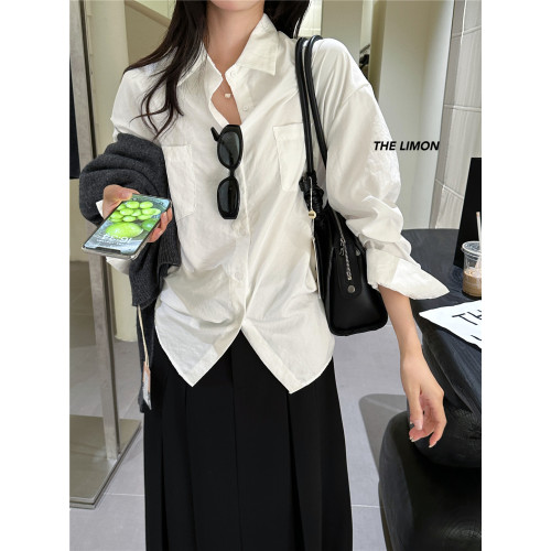 韓版chic碳灰色雙口袋長袖襯衫女秋季新款慵懶風寬鬆顯瘦曡穿上衣