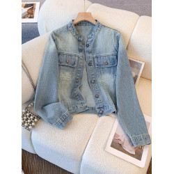 廣州十三行女裝穿搭~開春外套~春秋款小個子百搭短款立領牛仔夾克