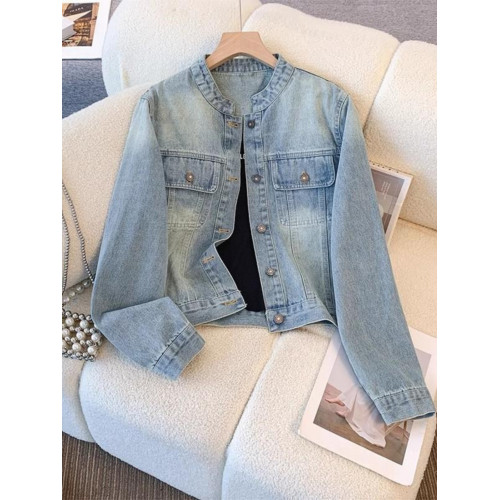 廣州十三行女裝穿搭~開春外套~春秋款小個子百搭短款立領牛仔夾克