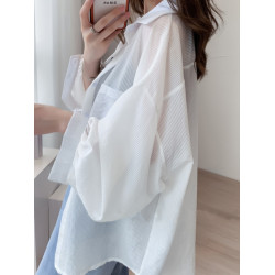 條紋薄款防曬衣女夏季海邊度假寬鬆透氣慵懶冰絲開衫雪紡上衣外套