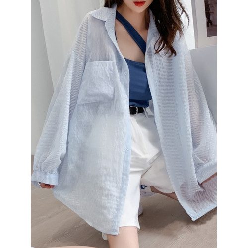 條紋薄款防曬衣女夏季海邊度假寬鬆透氣慵懶冰絲開衫雪紡上衣外套