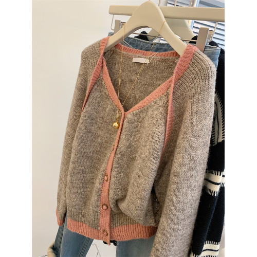 歐貨高級感假兩件撞色v領針織開衫女秋冬軟糯慵懶風羊毛毛衣外套