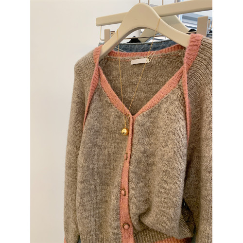 歐貨高級感假兩件撞色v領針織開衫女秋冬軟糯慵懶風羊毛毛衣外套