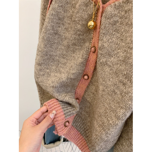 歐貨高級感假兩件撞色v領針織開衫女秋冬軟糯慵懶風羊毛毛衣外套