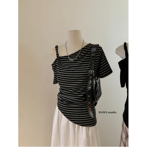 認真賣 韓系短袖夏扭結斜肩一字領多穿法設計感紙片人T恤上衣女