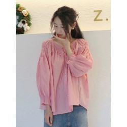 甜美減齡法式別致燈籠袖粉色襯衫女夏季薄款別致漂亮洋氣顯瘦小衫