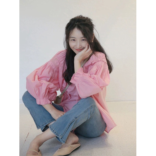 甜美減齡法式別致燈籠袖粉色襯衫女夏季薄款別致漂亮洋氣顯瘦小衫