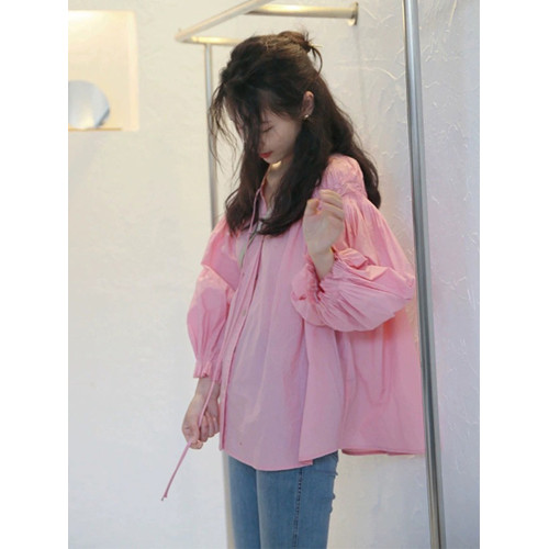 甜美減齡法式別致燈籠袖粉色襯衫女夏季薄款別致漂亮洋氣顯瘦小衫