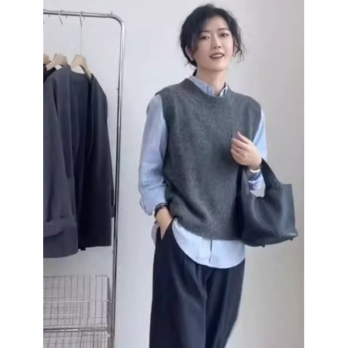 2025春秋新款羊毛馬甲女無袖寬鬆背心坎肩針織衫簡約休閒外搭上衣