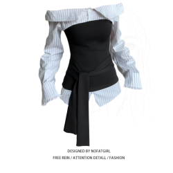 大碼胖MM高級感條紋拼接一字肩長袖襯衫早秋通勤百搭假兩件上衣女