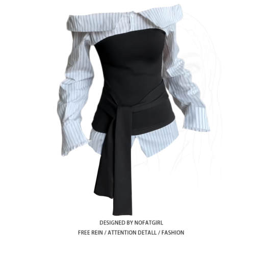 大碼胖MM高級感條紋拼接一字肩長袖襯衫早秋通勤百搭假兩件上衣女