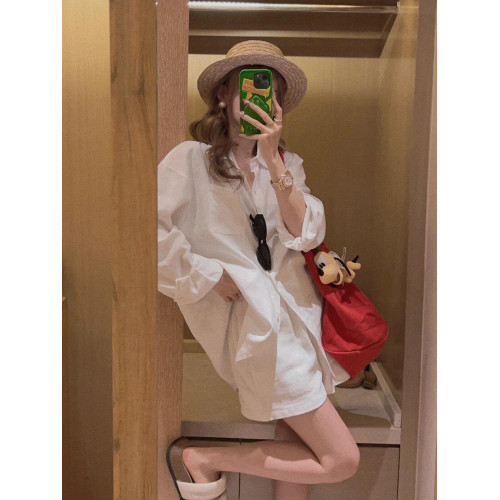 2026春秋季新款白色棉麻襯衫寬鬆顯瘦微透感慵懶風短褲松緊簡約女