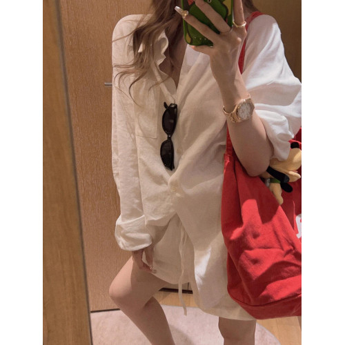 2026春秋季新款白色棉麻襯衫寬鬆顯瘦微透感慵懶風短褲松緊簡約女