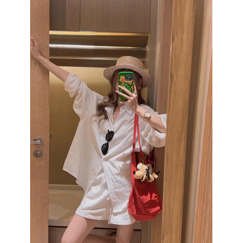 2026春秋季新款白色棉麻襯衫寬鬆顯瘦微透感慵懶風短褲松緊簡約女