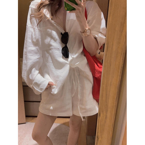 2026春秋季新款白色棉麻襯衫寬鬆顯瘦微透感慵懶風短褲松緊簡約女