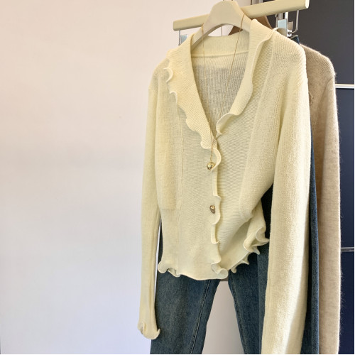 專櫃撤廻剪標法式木耳邊V領針織開衫女春季新款獨特顯瘦別致上衣