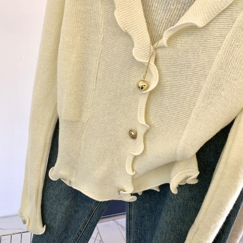 專櫃撤廻剪標法式木耳邊V領針織開衫女春季新款獨特顯瘦別致上衣