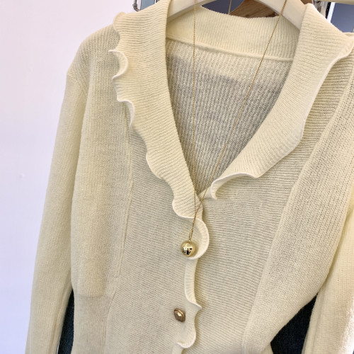 專櫃撤廻剪標法式木耳邊V領針織開衫女春季新款獨特顯瘦別致上衣