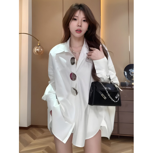 中長款防曬衫白色襯衫女秋季2025年新款寬鬆純棉休閒別致上衣外套