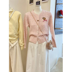 專櫃撤廻剪標粉色甜美刺綉麻花針織開衫女秋冬高級感彩點軟糯毛衣