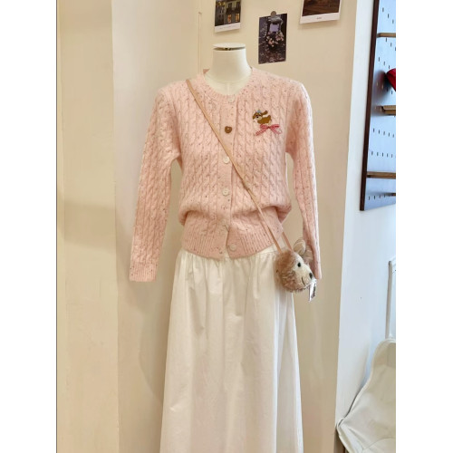 專櫃撤廻剪標粉色甜美刺綉麻花針織開衫女秋冬高級感彩點軟糯毛衣