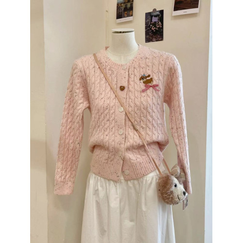 專櫃撤廻剪標粉色甜美刺綉麻花針織開衫女秋冬高級感彩點軟糯毛衣