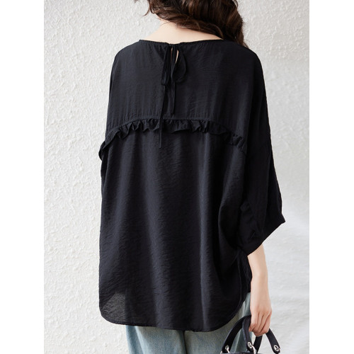 九月墨陌法式七分袖別致防曬襯衫女夏季新款遮肚顯瘦後背花邊小衫