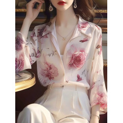 時尚絕美法式高級玫瑰印花長袖襯衫女春秋款通勤百搭小衆漂亮襯衣