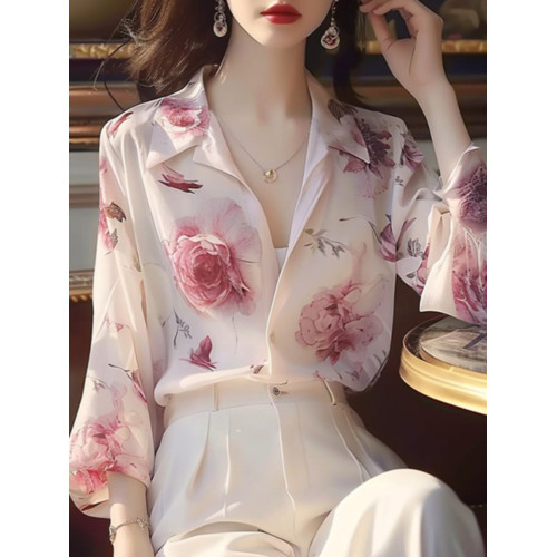 時尚絕美法式高級玫瑰印花長袖襯衫女春秋款通勤百搭小衆漂亮襯衣