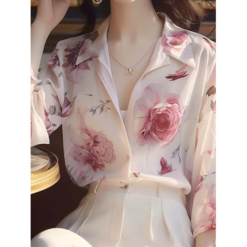 時尚絕美法式高級玫瑰印花長袖襯衫女春秋款通勤百搭小衆漂亮襯衣