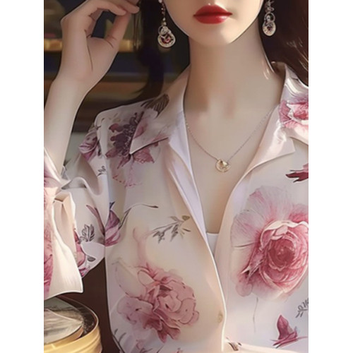 時尚絕美法式高級玫瑰印花長袖襯衫女春秋款通勤百搭小衆漂亮襯衣