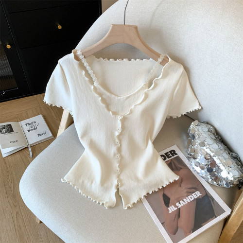 專櫃撤廻剪標甜辣妹假兩件木耳邊針織衫女夏季新款溫柔減齡短上衣