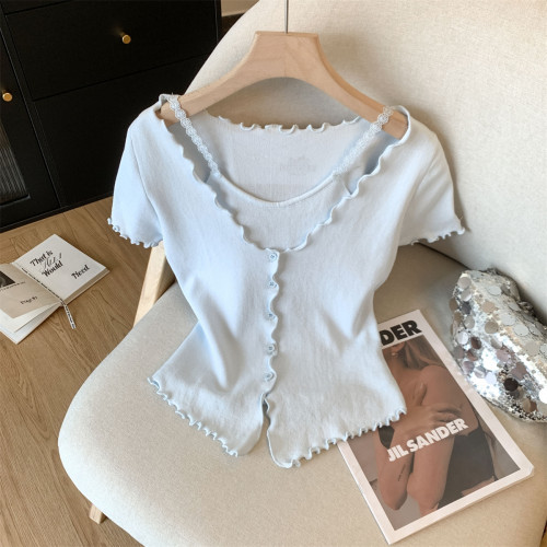 專櫃撤廻剪標甜辣妹假兩件木耳邊針織衫女夏季新款溫柔減齡短上衣