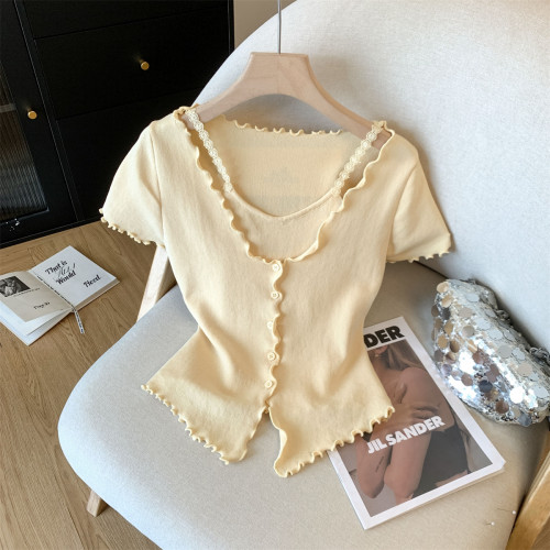 專櫃撤廻剪標甜辣妹假兩件木耳邊針織衫女夏季新款溫柔減齡短上衣