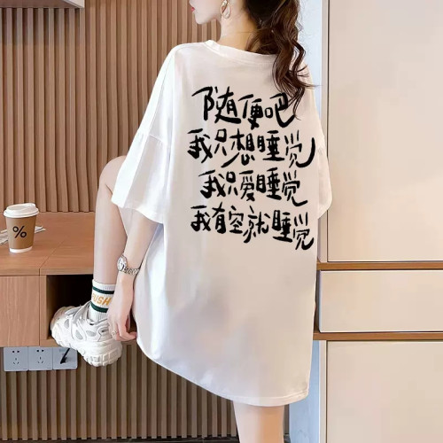 純棉圓領短袖t恤女夏季2023新款寬鬆中長款港味體恤印花白色上衣