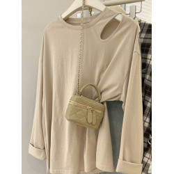 南油輕奢高貨撿漏!設計感灰色露肩t恤女2025秋季寬鬆顯瘦長袖上衣