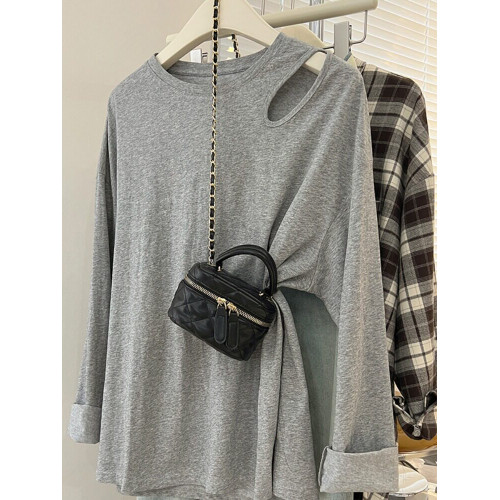 南油輕奢高貨撿漏!設計感灰色露肩t恤女2025秋季寬鬆顯瘦長袖上衣